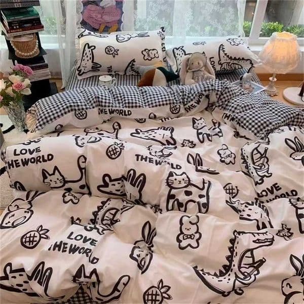 INS Doublesided Availability Pink Blue Cute Cat And Rabbit Bedding Set Duvet Cover Sheets With Pillowcases Full Size Bedroom Z250925
