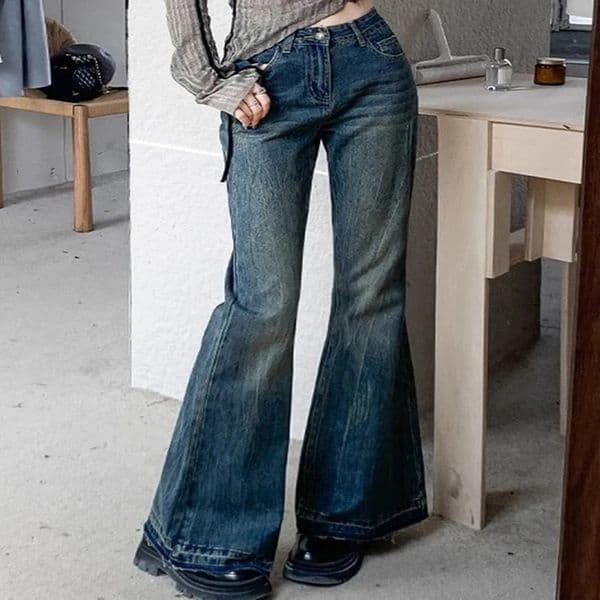 Womens High Waist Retro Jeans Slimming Denim Shining Pants Blue Black Grey Cool Bell Bottom 240823