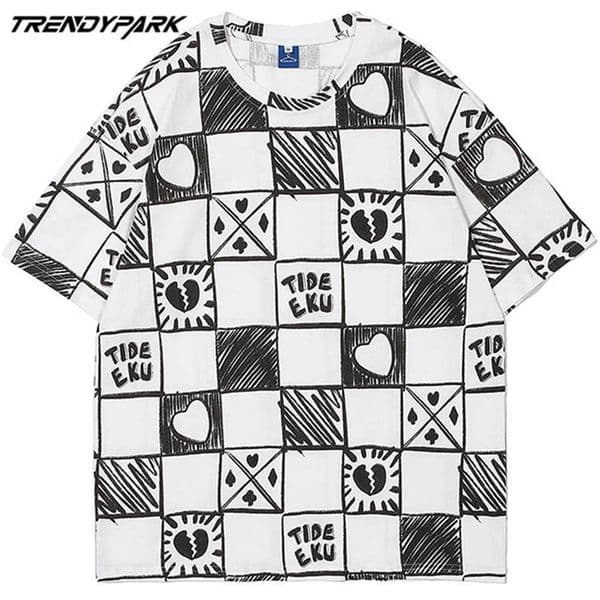 Men's T-shirt Hand Drawing Checked Plaid Summer Short Sleeve Printed Oversized Cotton Casual Harajuku Streetwear Top Tshirts 210601