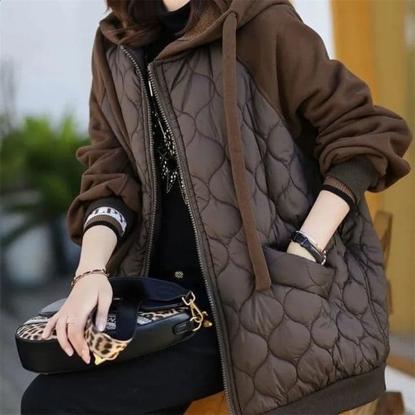 Large size hooded spliced cotton jacket thick and warm inflatable womens loose padded coat bedding park 240823