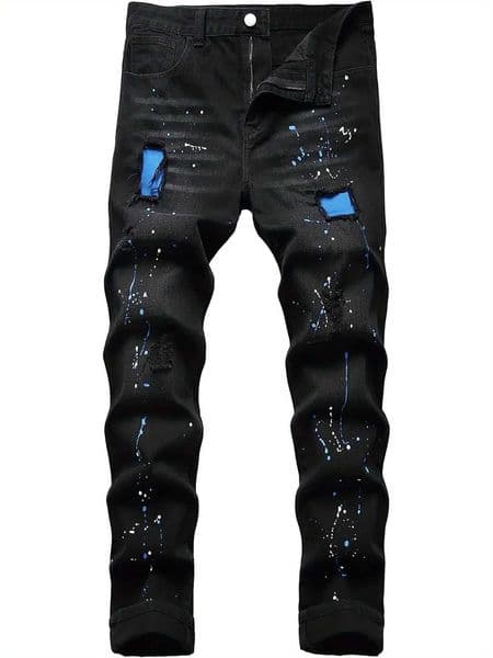 Mens jeans blue patch tear elastic regular black jeans pants W250925