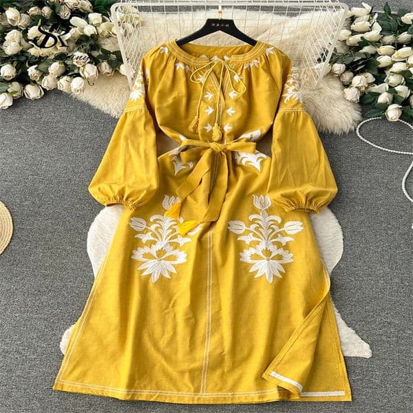 SINGREENY Autumn Retro Womens Dress Lace Up Vneck Long Puff Sleeve Bandage Bow Embroidery French Premium Split Loose Aline 240913