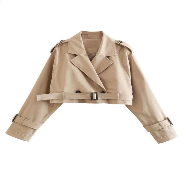 YENKYE womens fashion with ultrafine pleated trench coat retro double button long sleeved short khaki jacket 240826