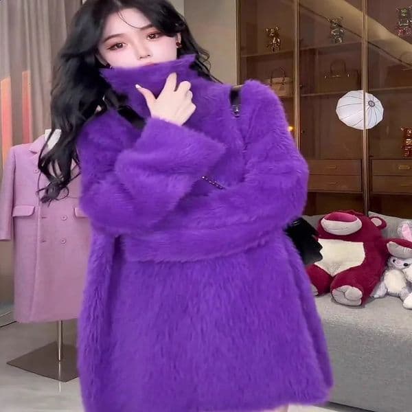 Sweet Tement Purple High Neck Mohair Sweater Womens Fashion Soft Rubber Korean Mild Winter Warm Solid Loose Knitted 241007