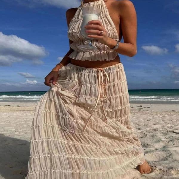 Summer backless pleated white dress set sexy suspender short top foldable long skirt childrens style 2piece fashionable beach 240816