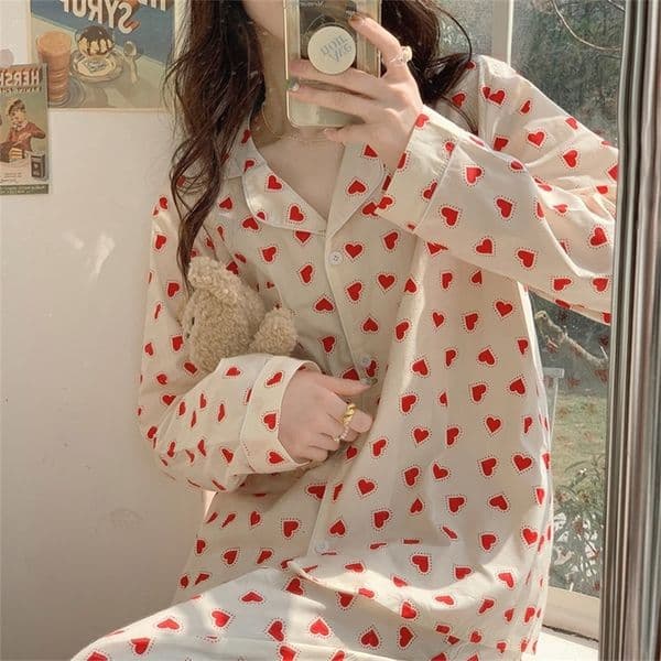 Women's Sleepwear Cotton Pajamas Set Comfortable Long Sleeve Lovely Sweet Leisurewear Home Suit Spring Sleepwear Soft Korean Heart Print Kawaii 230227