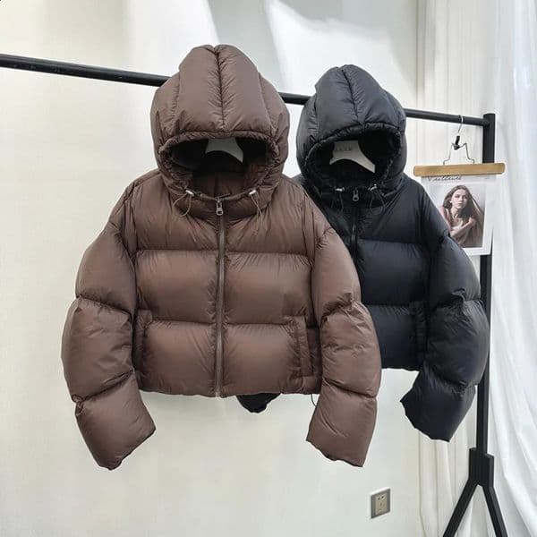 Winter Lightweight White Duck Down Hooded Loose Puffer Jacket Warmer Oversize Cotton Long Sleeve Zipper Padded Coat 241122