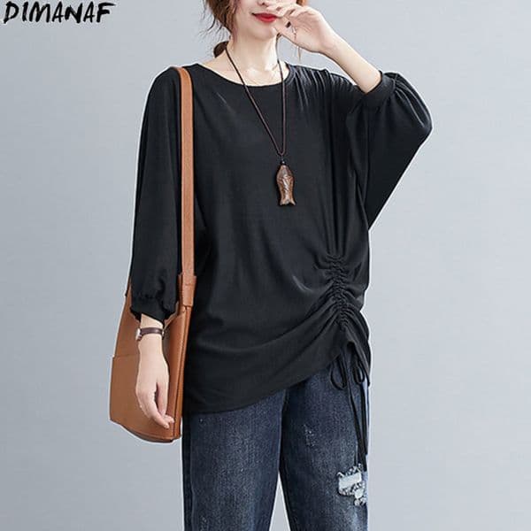 DIMANAF Plus Size T-Shirt Women Tops Soft Cotton Long Sleeve Belt Style Casual Style Vintage Oversize New 2021 Elegant Tees 210302