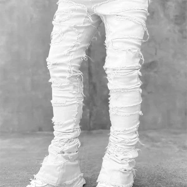 Fashion Stretch Jeans for Men Stacked Jeans Elastic Waist Straight Matching Patch Work Denim Pants Edge Tearing Jeans for Men 250118