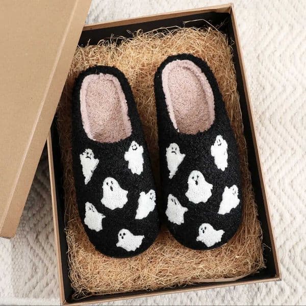 Halloween Ghost Pattern Black Cott Slippers Nslip Thick Sole Lightweight stuffed Slippers Holiday GiftXJ250925