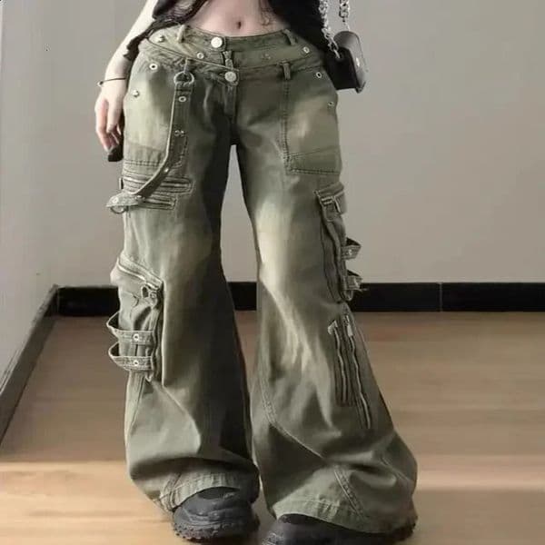 Loose retro washed cargo jeans streetwear womens zippers pocket pants hiphop straight multi wide leg 240921