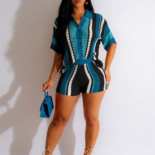 JRRY Sexy Women Knitted Set Two Pieces Sets Turn Down Collar Short Sleeves Top Pants Cover Ups Hollow Out Beach Pants Set 240517
