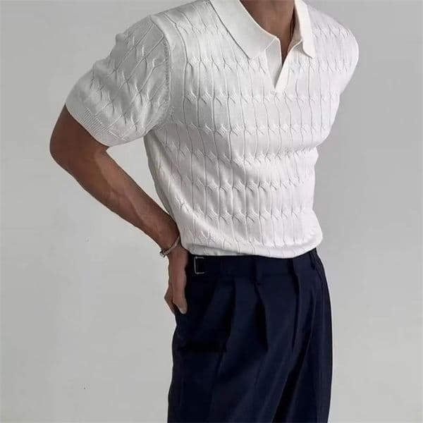 Men Jacquard Knit Top Stylish Mens V Neck Jacquard Knitted Shirt for Business Casual Wear Short Sleeve Loose Fit Mid Length Top 240517