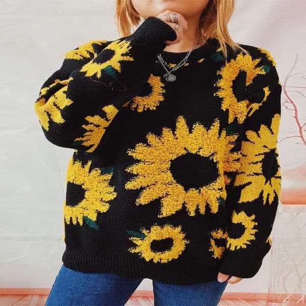 Sunflower Oneck sweater womens jacquard autumn and winter simple pull flower knitting elastic jumper casual thick loose warm Y2k 240826
