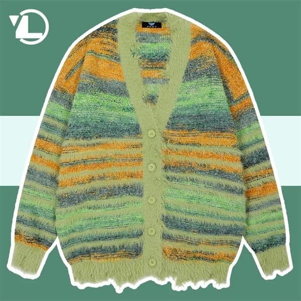 Winter irregular knitted sweater mens loose striped cardigan color block oversized sweater womens Y2K Harajuku knitted jacket top 241007