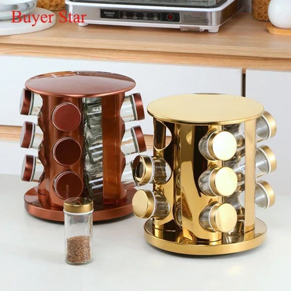 Household Kitchen Rotating Seasoning Rack Stainless Steel Spice Jar Rotating Seasoning Rack Set Seasoning Box Salt Shaker 250304