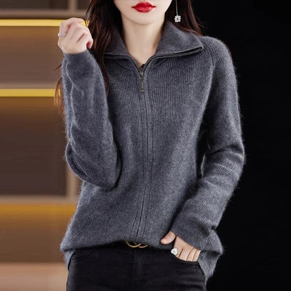 Autumn and winter zipper long sleeved mink cashmere cardigan womens loose coat lapel sweater 240814