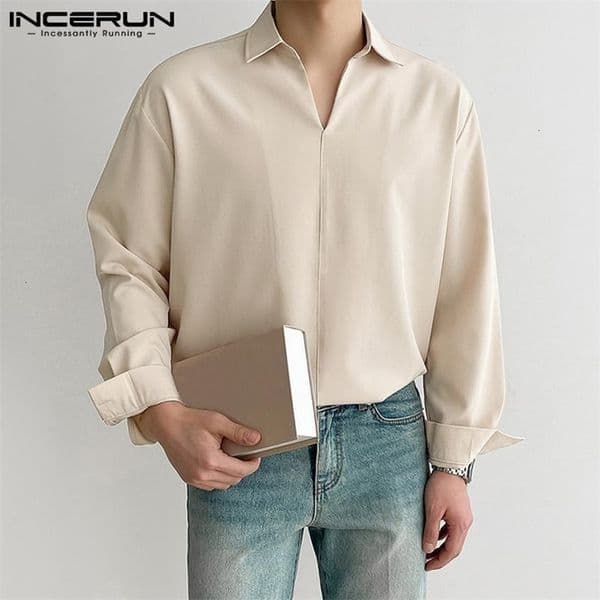 Men's Casual Shirts Solid Color Men Shirt Turn Down Collar Long Sleeve Korean Casual Men Clothing Loose Streetwear Leisure Camisa S-3XL INCERUN 230504