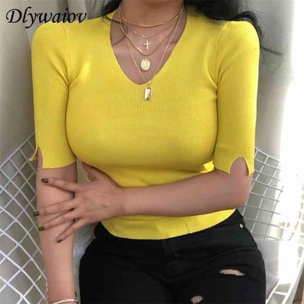 High Elasticity Women V-neck Knited Pullover Sweater Sexy Half Sleeve Fashion Solid Jumper Female Spring Autumn Slim Tops 210917