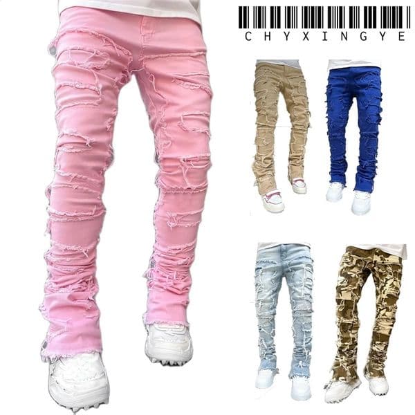 Streetwise Stretch Patch Jeans For Men Bottom Baggy Mens Clothing Summer Solid Fashion Mid Waist Patchwork Long Pants Male 240809