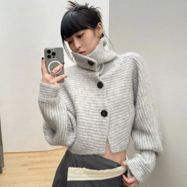 Deeptowm Y2K gray striped womens sweater retro turtle neck Korean fashion knitted cardigan Harajuku button autumn loose old style 240906