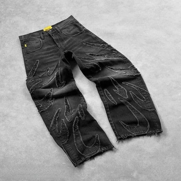 retro hiphop flame embroidered high waisted jeans for women Y2K Street Harajuku and Gothic loose wide leg pants are unisex 240830