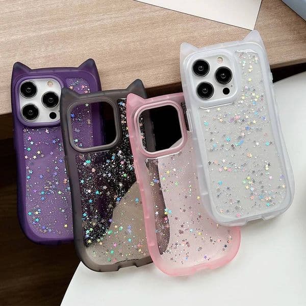 Cute Cartoon Cat Ear Glitter Sequins Transparent Case For iPhone 17 16 15 Plus 14 Pro Max 13 12 Soft Silicone Shockproof Cover