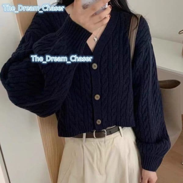 2024 Autumn Womens Retro Solid Cardigan Korean Minority Design Short VNeck Long Sleeve Knitted Casual Top Button Decoration