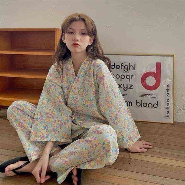 Kimono Women Sakura Room Wear Japanese Kawaii Pajama 2 Piece Sets Sleepwear Vintage Floral Pijama Harajuku Pyjamas Loungewear 211109