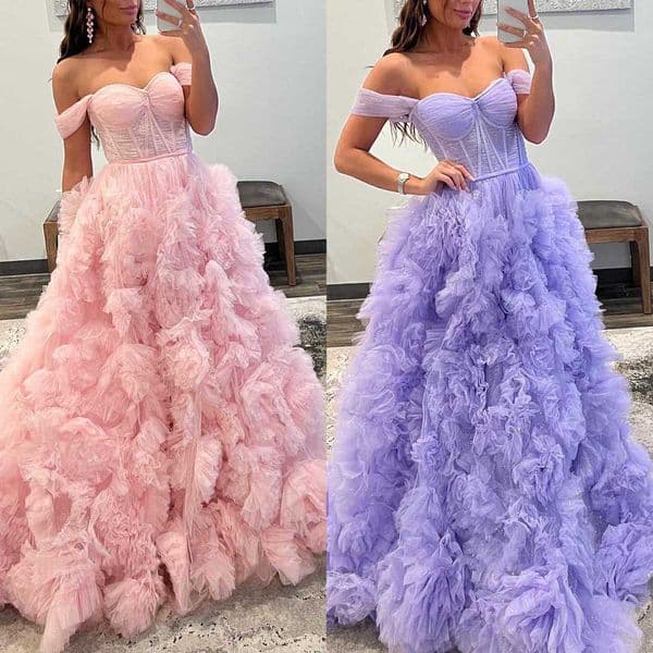 Puffy Tulle Evening Prom Dresses A Line Floor Length Off Shoulder Graduation Homecoming Party Dresses Customized Special Occasion Ball Gowns