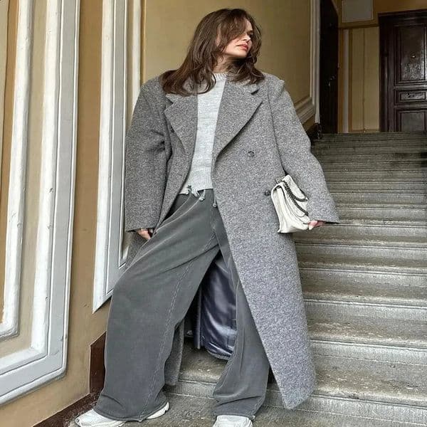 Fashion pocket long jacket for womens autumn elegant sleeved collar oversized double chest 240905