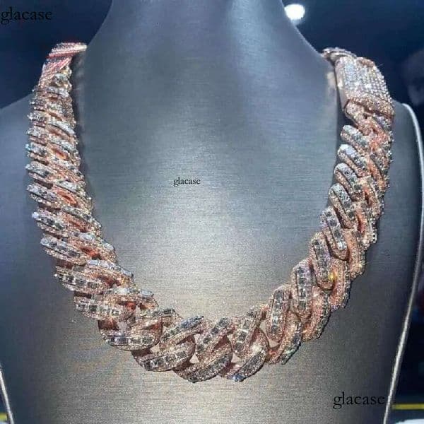 Rappers 24mm Iced Out Rose Gold Emerald Cut Moissanite Cuban Link Mens Hip Hop Miami Chain