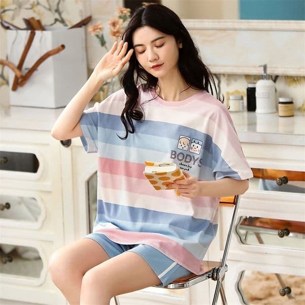 Women's Sleepwear BZEL Summer Women's Pajamas Set Sweet Home Suit Casual Cotton Sleepwear Comfort Femme Pijamas Lovely Nightwear Loose Pyjamas 230515
