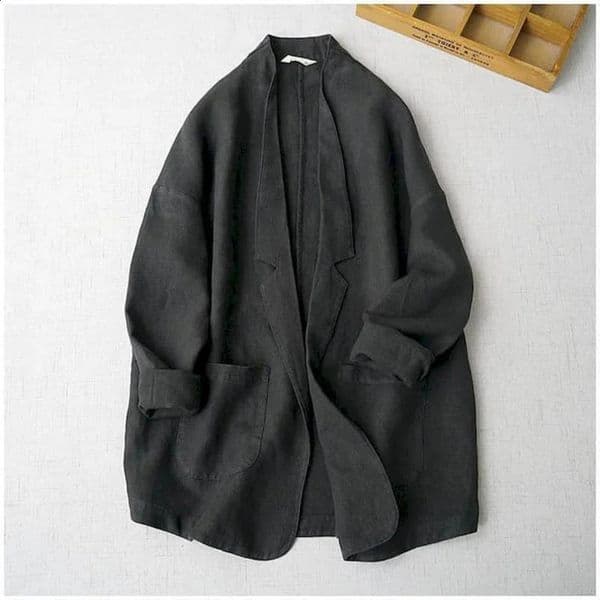 Womens long sleeved casual jacket Korean cotton linen retro oversized solid custom collar coat womens top 240814