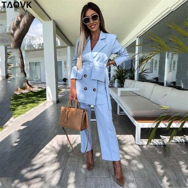 TAOVK Women office Pant Suit Double breasted Full Sleeve Blazers Jacket+Wide leg Pant Two Pieces Set Lady Outfits Work Clothes 211007