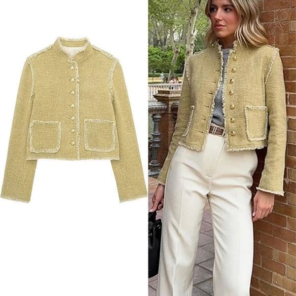 Elegant Tweed Womens Coat Fashion Single Breasted Stand Collar Pockets Jacket Spring Office Lady Female Furry Edge Outwear 240911