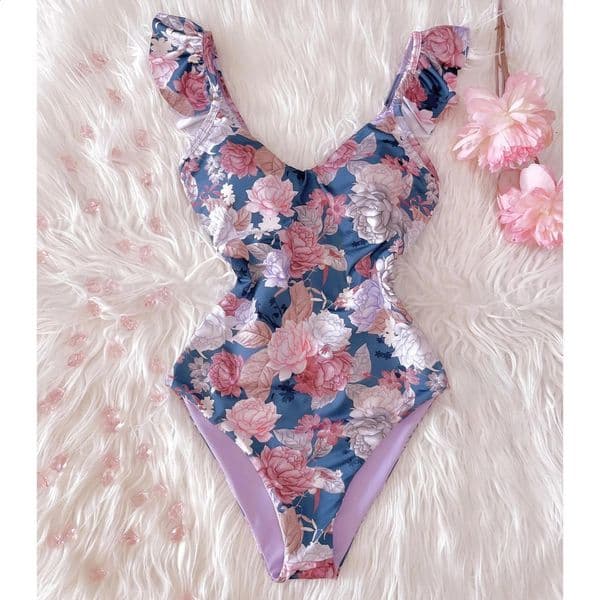 printed pleated onepiece swimsuit sexy deep V womens shoulder no back Monok 240815