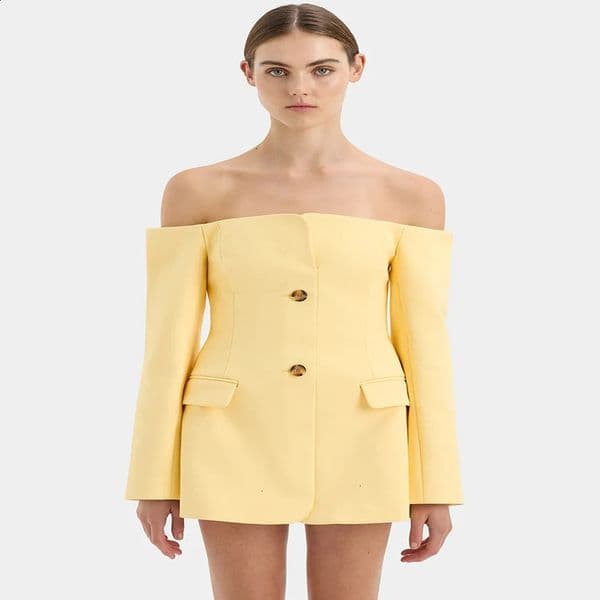 Mozision shoulder strapless sexy womens jacket dress fashionable solid zipper double pocket long sleeved backless mini 240809