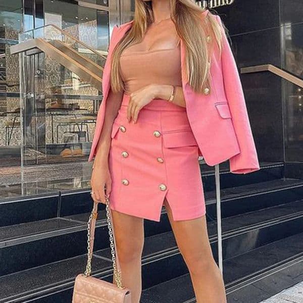 BAMBOOBOY Blazer Suits 2 Pieces Women Long Sleeve Coat High Waist Mini Skirt Autumn Clothes Streetwear Pink Two Piece Sets 240704