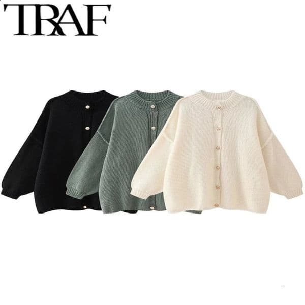 TRAF GAL Spring Womens Casual Metal Button Knitted Cardigan ONeck Long Sleeve Sweater Loose Slimming Coat Y2K 240906