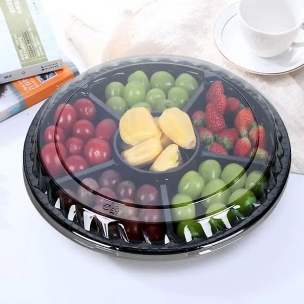 10Pcs Disposable Lunch Box Fruit Tray with Lid Round Plastic Snack Fruit Tray 6 compartments Party Food Serving Tray 250422