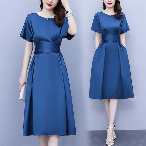 Casual Dresses High-end Acetate Satin Solid Color Loose Lace Slim Breathable Short-sleeved Dress Women's A Line Straps Waist Dresses Plus Size 230329