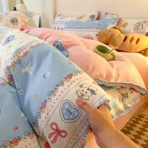 Cute Rabbit Bedding Set New No Filler Ins Floral Duvet Cover Flat Sheet Pillowcases Twin Queen Size Girls Boys Comforter Cover Z250925