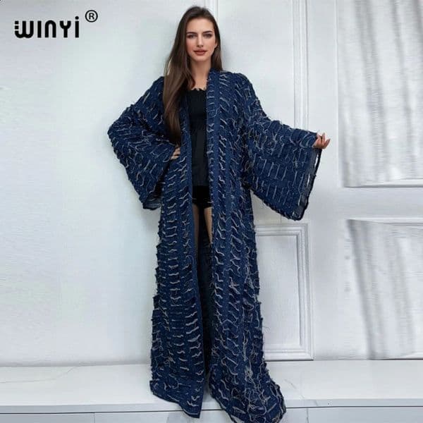 WINYI Womens Faashion Coat Loose Autumn Hollow Cowboy Long Swimsuit Winter Kimono 240905