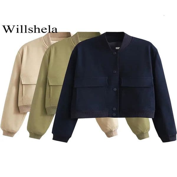 Willshela Women Fashion Solid Bomber Jackets Coat With Pockets VNeck Single Breasted Long Sleeves Female Chic Lady Outfits 240715
