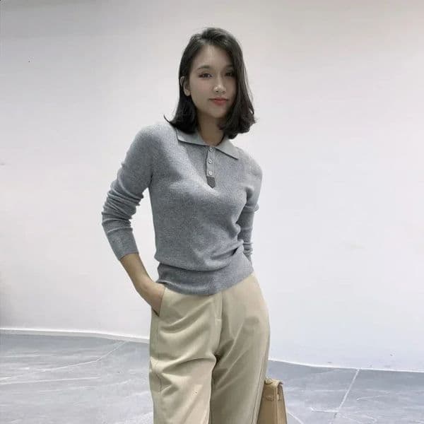 Womens collar 100% wool sweater pure shirt bottom knitted chain commuting womens 240905