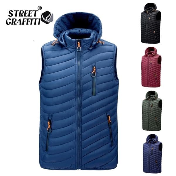 Men's Down Parkas S.T.G Men Sleeveless Vests Solid Hooded Vest Jackets Fashion Male Winter Casual Pockets Waistcoat Windproof Jacket 221123