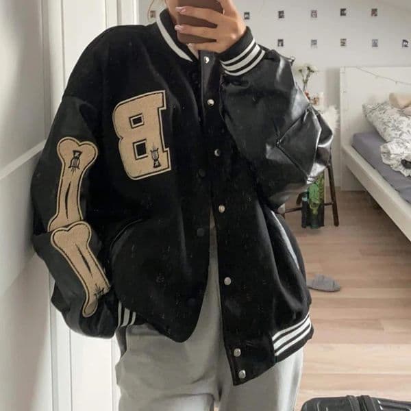 Varsity Baseball Bomber Jacket Women Hip Hop Harajuku Bone Letter Patchwork Leather Jackets Streetwear Men Unisex College Coats 240715