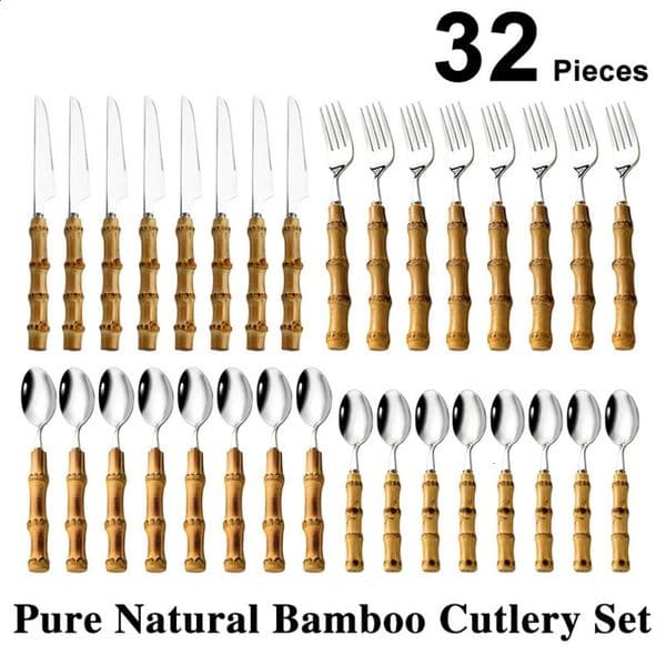 Tableware set Original natural bamboo handle stainless steel marked cutlery fork spoon household kitchen utensils dropper 240827