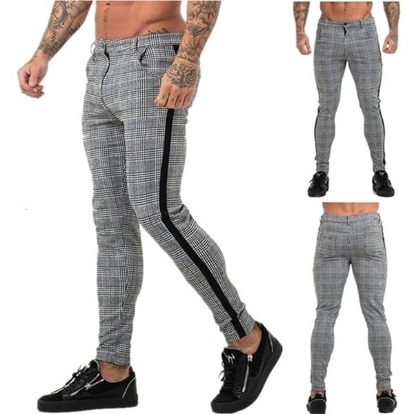 Men's Pants Casual Mens Chinos Cotton Slim Fit Men Trousers Skinny Grey Ankle Length Streetwear Plaid Side Stripe 220914